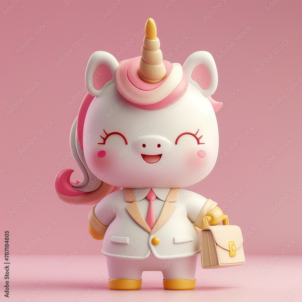 A cute kawaii 3D mascot character design corporate business unicorn wearing a suit and carrying a briefcase A cute kawaii 3D mascot character design corporate business unicorn wearing a suit and carrying a briefcase