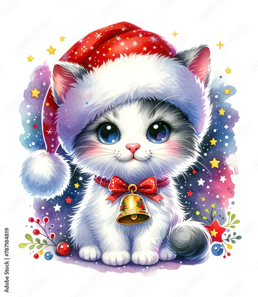 Joyful Christmas Watercolor Illustration of a Cute Cat Kitten Wearing a Santa Hat and Bell, Surrounded by Festive Decor and Snowflakes Joyful Christmas Watercolor Illustration of a Cute Cat Kitten Wearing a Santa Hat and Bell, Surrounded by Festive Decor and Snowflakes