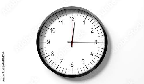 Time at quarter past 12 o clock - classic analog clock on white background - 3D illustration