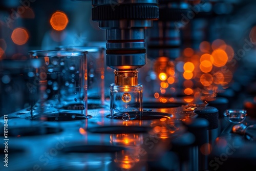 Close-up of a high-powered microscope examining a small vial in a technical laboratory setting