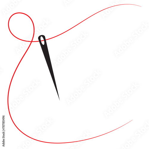 Sewing needle with a long red thread.Vector needle icon on a white background.Vector illustration