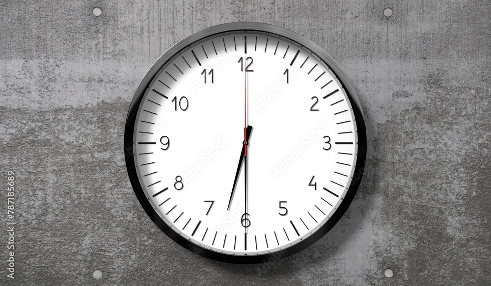 Time at half past 6 o clock - classic analog clock on rough concrete wall - 3D illustration Time at half past 6 o clock - classic analog clock on rough concrete wall - 3D illustration