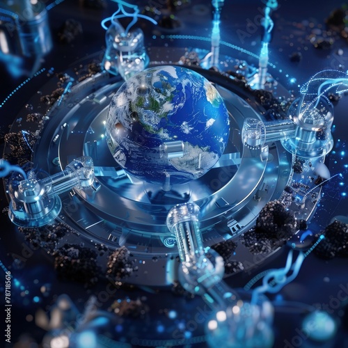 A futuristic 3D visualization of Earth surrounded by water purification technology to highlight the importance of clean water access.