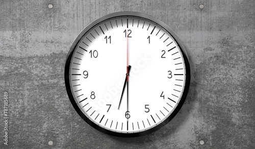 Fotografie Time at half past 6 o clock - classic analog clock on rough concrete wall - 3D i