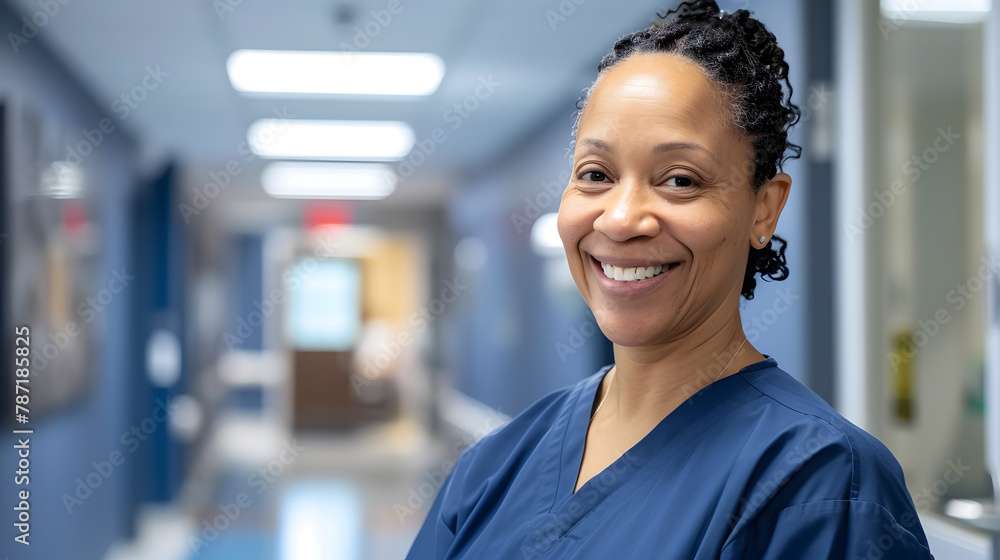 Portrait of smiling biracial female healthcare worker in hospital corridor copy space Hospital medical and healthcare services : Generative AI Portrait of smiling biracial female healthcare worker in hospital corridor copy space Hospital medical and healthcare services : Generative AI