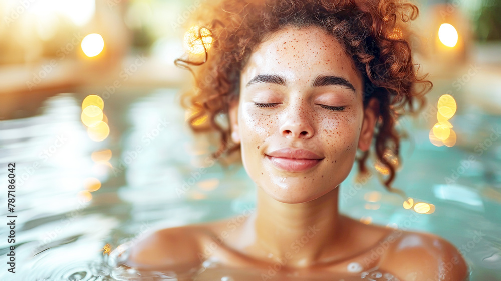 Beautiful woman enjoying a spa salon environment, relaxing and breathing fresh air with closed eyes while lying on a massage table in a luxury beauty center Beautiful woman enjoying a spa salon environment, relaxing and breathing fresh air with closed eyes while lying on a massage table in a luxury beauty center