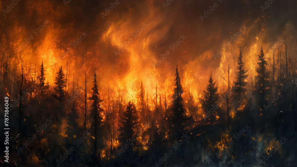 A painting of a forest fire with trees on fire