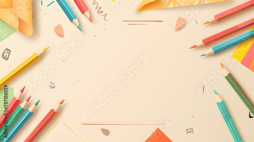 Colorful pencils, sharpeners, paper, and shavings on beige background photo