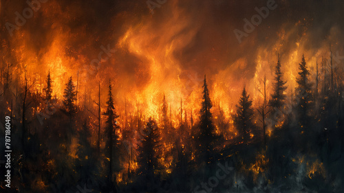 A painting of a forest fire with trees on fire © CtrlN