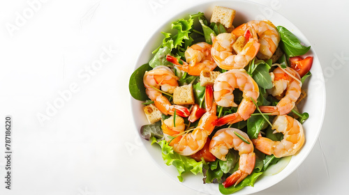 Shrimp Salad Healthy Seafood Caesar Salad with prawns on white background top view copy space : Generative AI