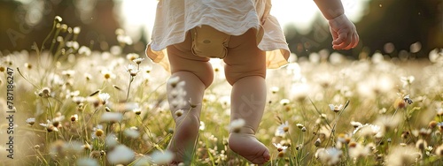 legs of a small child on the background of a field of flowers photo