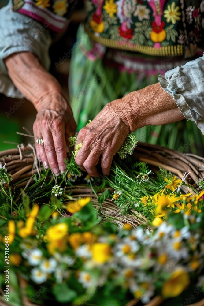 a woman makes a wreath of flowers in the field a woman makes a wreath of flowers in the field