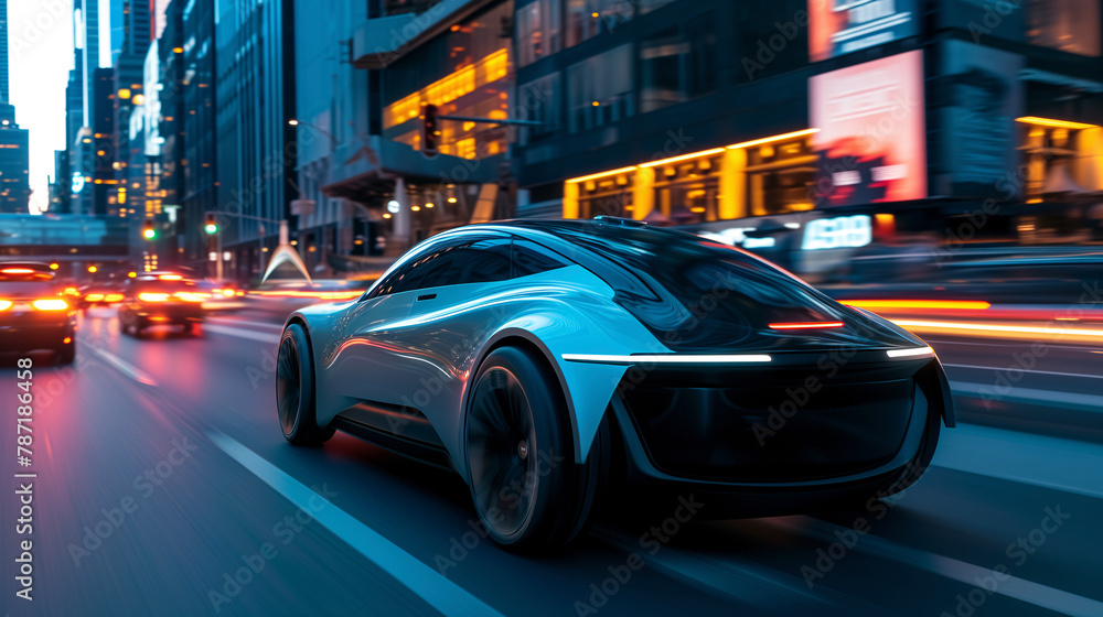 Self-driving car navigating a busy city street, illustrating the advancements in transportation technology and the future of autonomous vehicles Self-driving car navigating a busy city street, illustrating the advancements in transportation technology and the future of autonomous vehicles