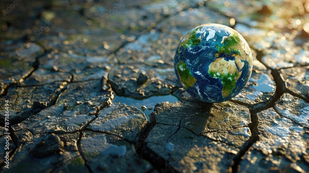A conceptual 3D illustration of a cracked Earth being revitalized by water, symbolizing the impact of water conservation on the planet. A conceptual 3D illustration of a cracked Earth being revitalized by water, symbolizing the impact of water conservation on the planet.