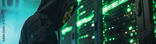 lynx in black hoody working on server rack with green neon lights