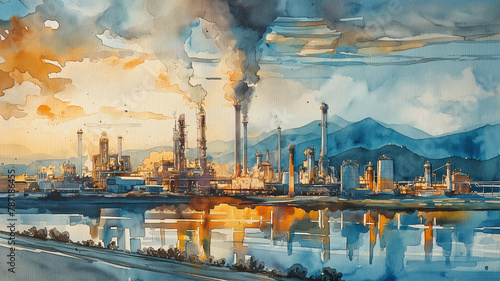 A painting of a city with a large industrial area and a river