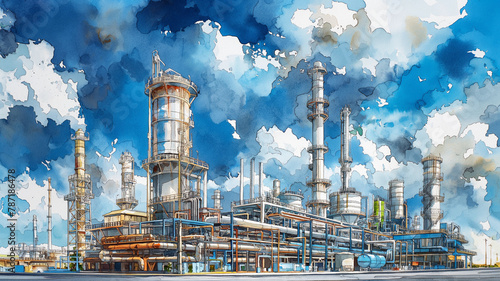 A painting of a large industrial plant with a blue sky in the background