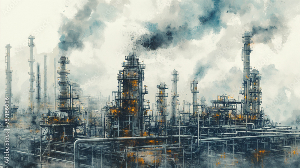 A painting of a city with many industrial buildings and a lot of smoke A painting of a city with many industrial buildings and a lot of smoke