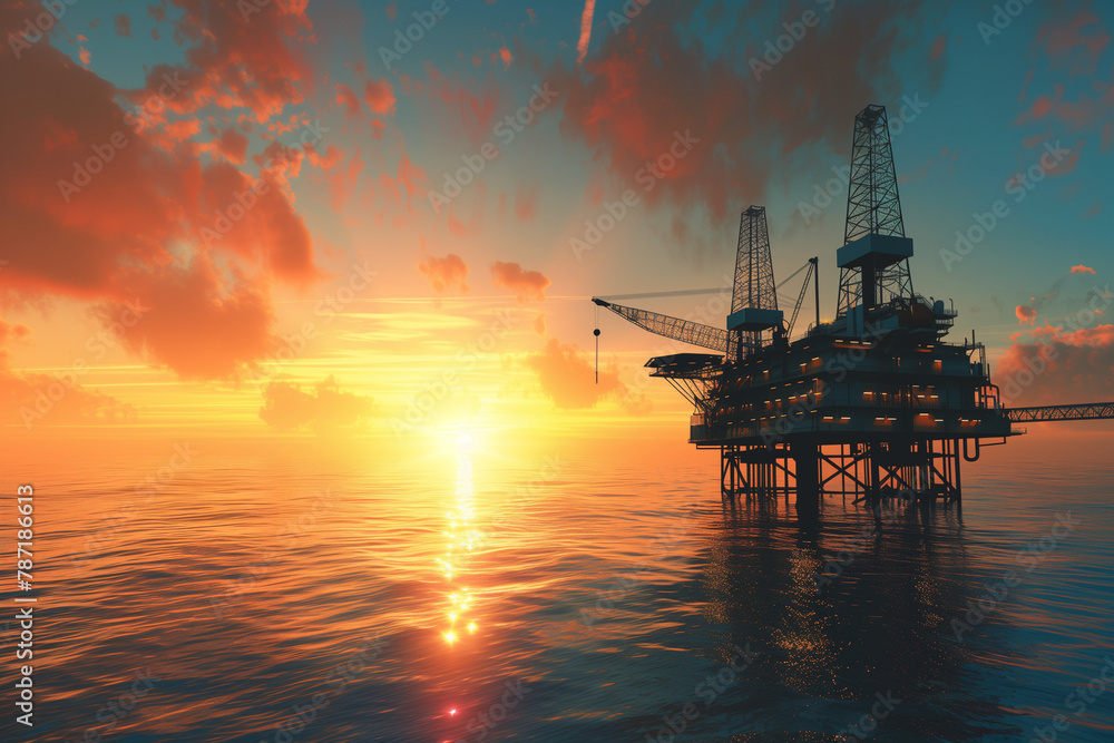 Offshore oil rig drilling platform at sunset. Generative AI
