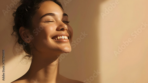 Portrait of smiling girl enjoying beauty treatment on beige background Beautiful natural woman looking at copy space spa and wellness concept Carefree laughing woman with bare shoulder : Generative AI