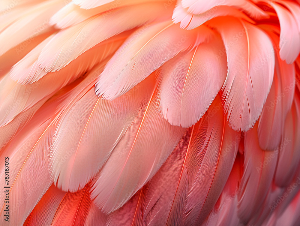 A seamless flamingo feather pattern capturing the soft pink and coral hues in a high-definition photograph