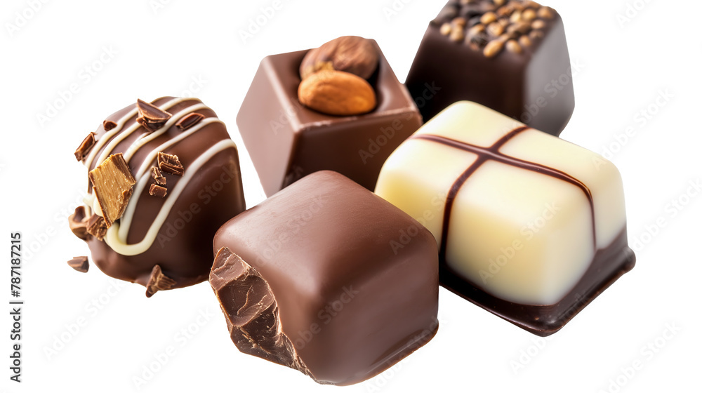 A close up of a variety of chocolate candies, including a bite taken out of one. Concept of indulgence and temptation, as the viewer is presented with a tempting selection of sweet treats A close up of a variety of chocolate candies, including a bite taken out of one. Concept of indulgence and temptation, as the viewer is presented with a tempting selection of sweet treats