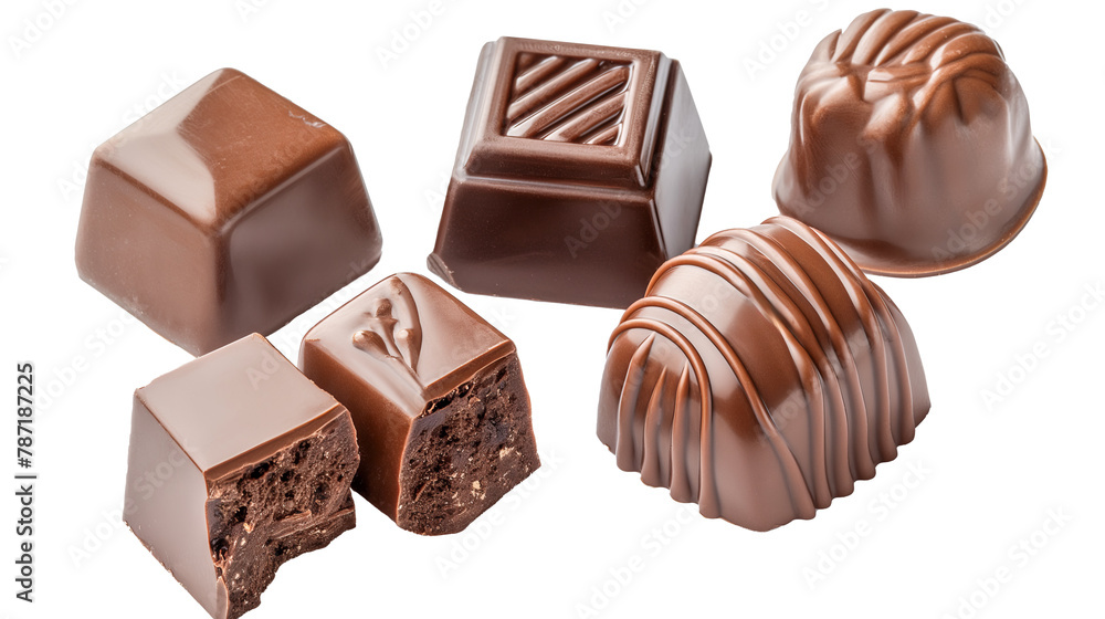 Obraz premium A close up of a variety of chocolate candies, including a bite taken out of one. Concept of indulgence and temptation, as the viewer is presented with a tempting selection of sweet treats