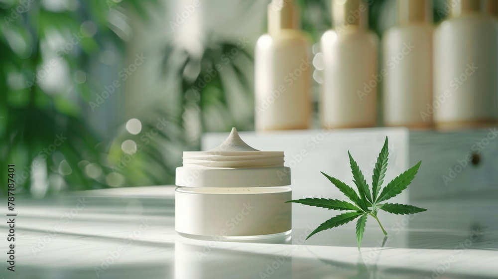 CBD, infused cannabis cream on white background, natural cosmetic concept, banner with copy space