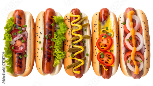 Four hot dogs with different toppings.