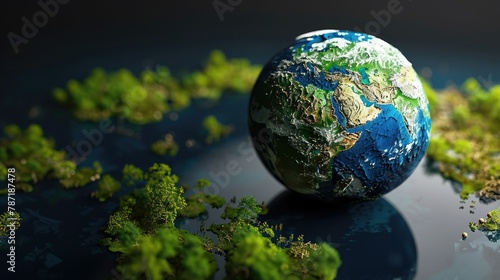 A futuristic 3D model of Earth with water sources highlighted, advocating for responsible water management. 