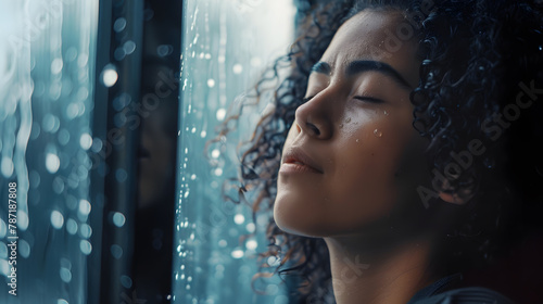Music of rain Side shot of serene latin woman relax by window with closed eyes listen sound of raindrops feel pleasure Calm young lady enjoy breathing fresh ozonized air after rainstor : Generative AI photo