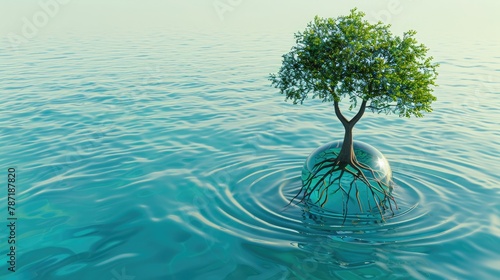 An artistic 3D representation of a tree with roots reaching into a globe filled with water  symbolizing the importance of water for life. 