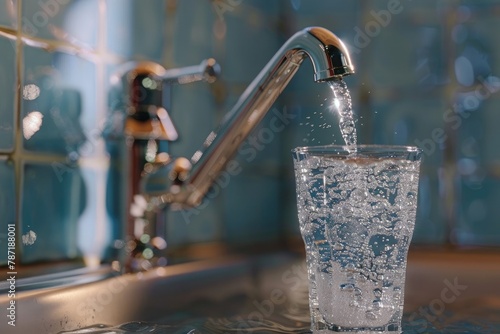 3D visualization of a faucet pouring clean water into a glass  emphasizing access to clean drinking water. 