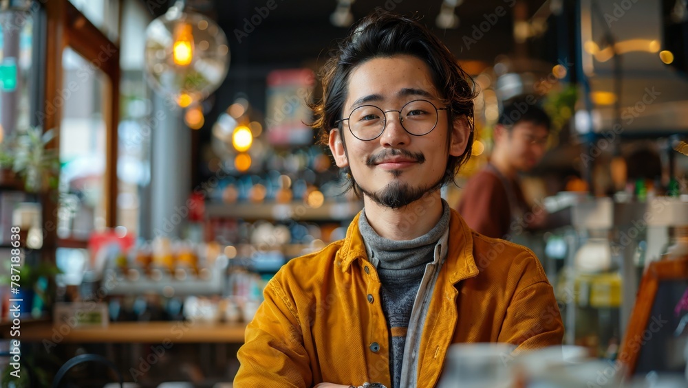 Fototapeta premium Asian graphic designer discussing projects with clients over a video call, at a trendy café