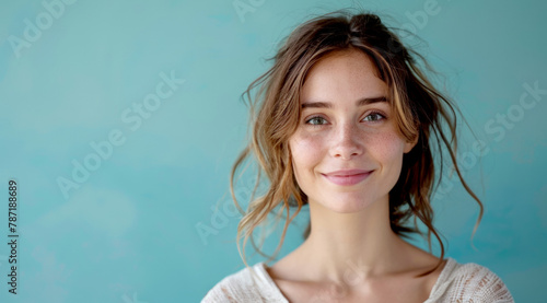 Portrait of happy woman with brown hair on light blue background, wearing white t-shirt, copy space for text, minimalism.