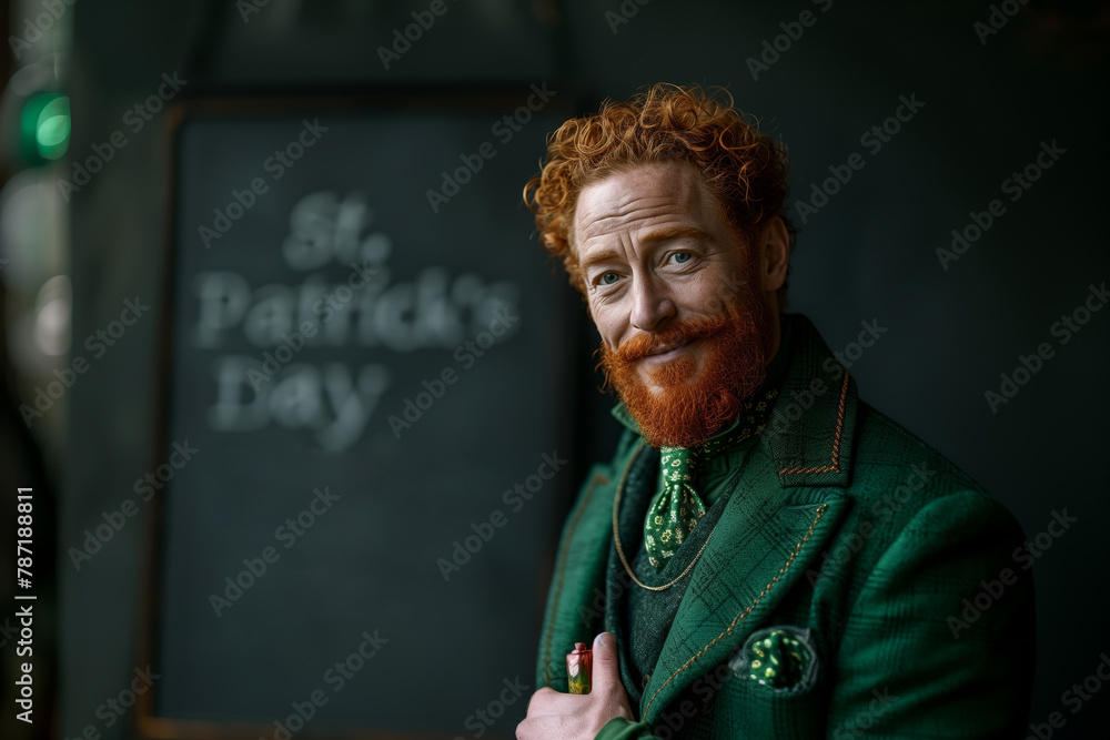 Man green traditional Irish attire holding Happy St. Patrick's Day sign. Copy space. Man green traditional Irish attire holding Happy St. Patrick's Day sign. Copy space.