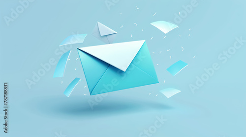 Envelope flying in the air on blue background. 3d rendering