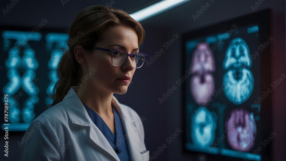 A doctor looking at radiology and CT scan images in the operating room, radiology image, CT scan image, operating room, doctor's office A doctor looking at radiology and CT scan images in the operating room, radiology image, CT scan image, operating room, doctor's office