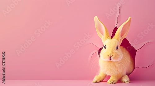 Yellow Easter bunny looks out of an eggshaped hole in the pink background wall Abstract concept Square with copy space : Generative AI photo