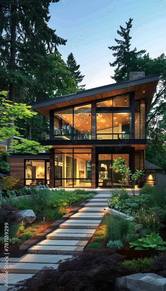 Modern house exterior with clean lines, floor-to-ceiling windows, and a landscaped garden, blending seamlessly with the surrounding natural environment,