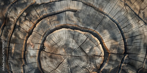 A close-up image capturing the intricate tree rings and cracks on a piece of chopped wood