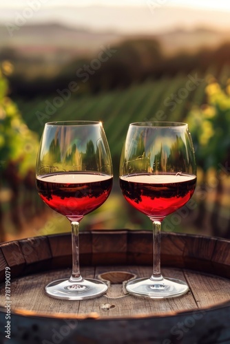 two glasses of wine on the background of a field of grapes Selective focus