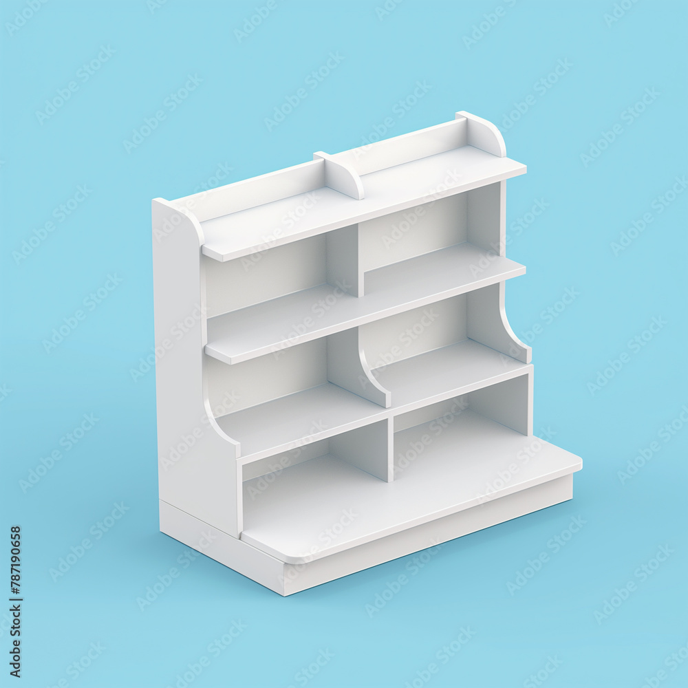3D illustration of a cardboard display dumpbin shelf stand with shelves for goods and empty space on top 3D illustration of a cardboard display dumpbin shelf stand with shelves for goods and empty space on top