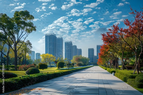 A long walkway with trees and bushes on both sides of it and tall buildings in the background on a