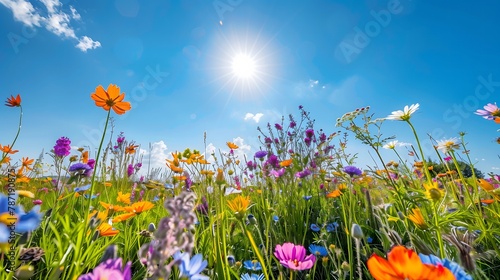 A vibrant field of wildflowers under a clear blue sky