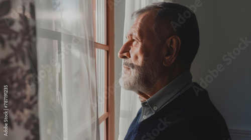 Happy thoughtful older 70s man looking out of window away with hope thinking of good health retirement insurance benefits dreaming of future Elderly pensioner waiting meeting with fami : Generative AI photo