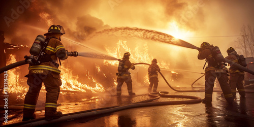 Dramatic shot of firefighters in action, wielding powerful hoses to quench flames, the play of light and shadow accentuating the urgency and bravery in their efforts.
