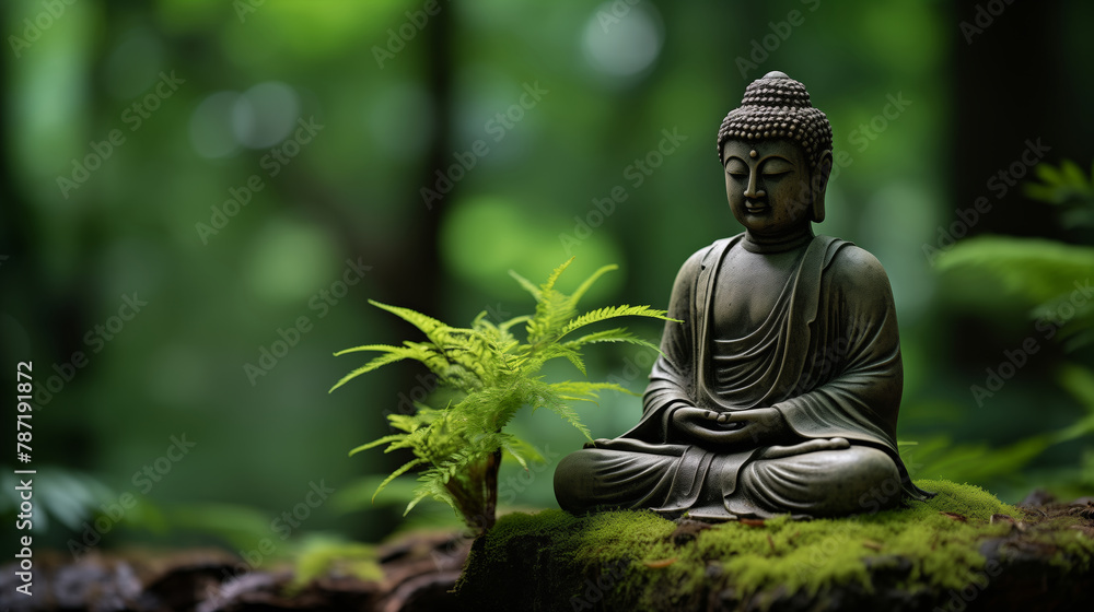 Statue Buddha on mossy at green forest background