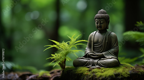 Statue Buddha on mossy at green forest background