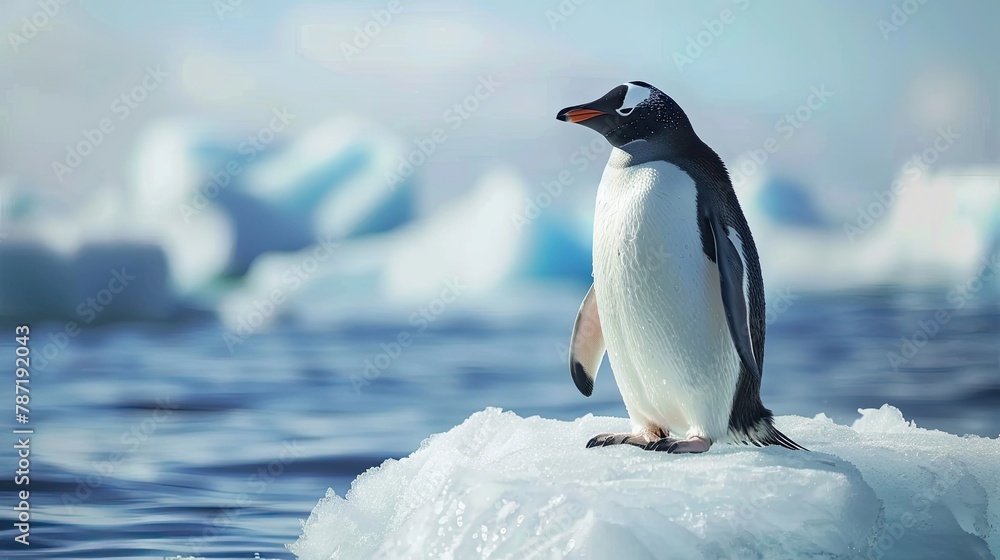 Climate change concept. close up penguin on a melting ice floe. cute penguin on winter landscape, snowy winter 
